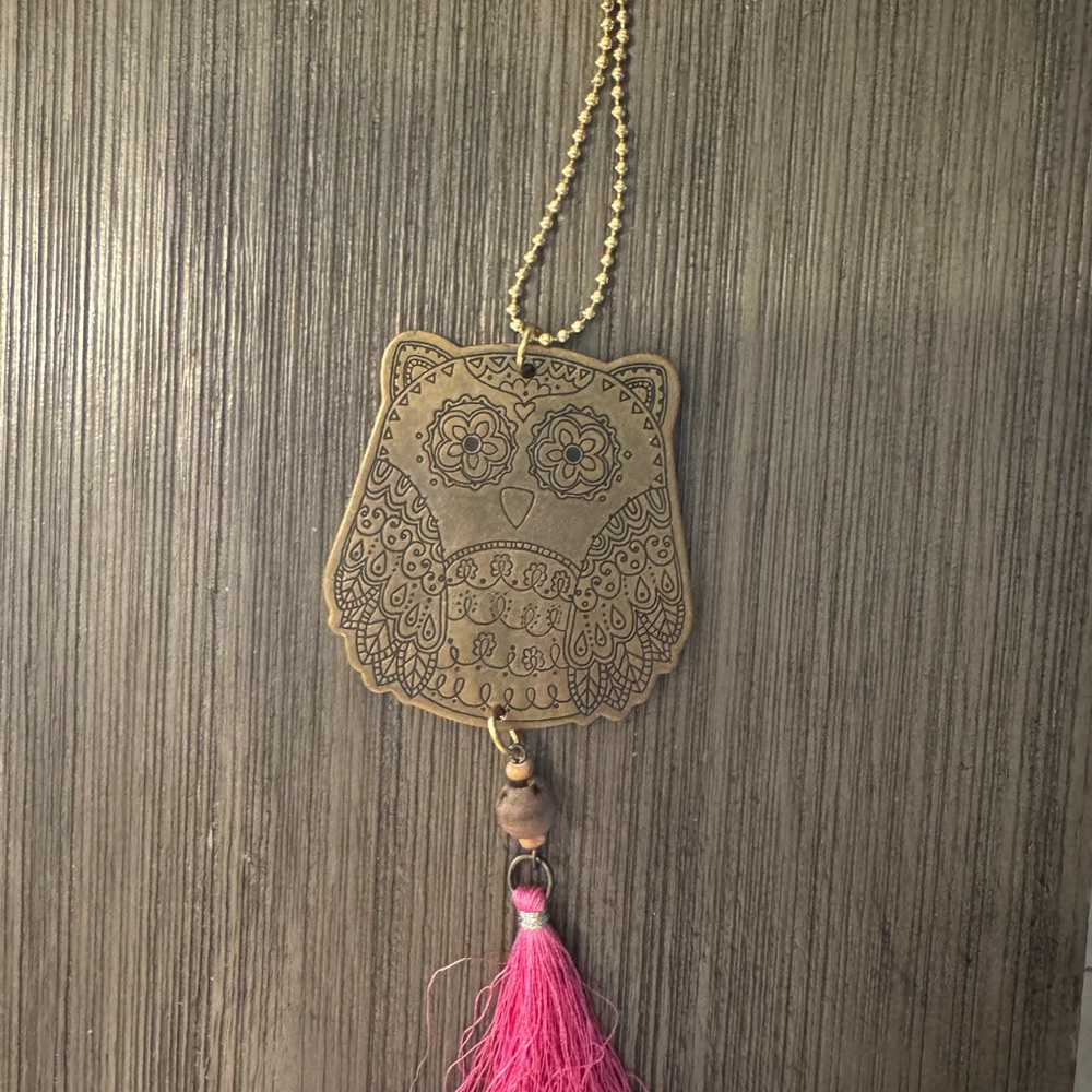 Owl Pendant Necklace with Pink Tassel